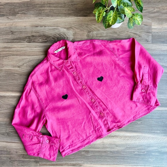 Zara Hot Pink Linen Button-Down Shirt with Hand-Painted Black Hearts Size L - Picture 1 of 8